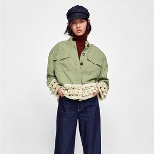 Zara Army Green Fringe Embroidered Boho Jacket